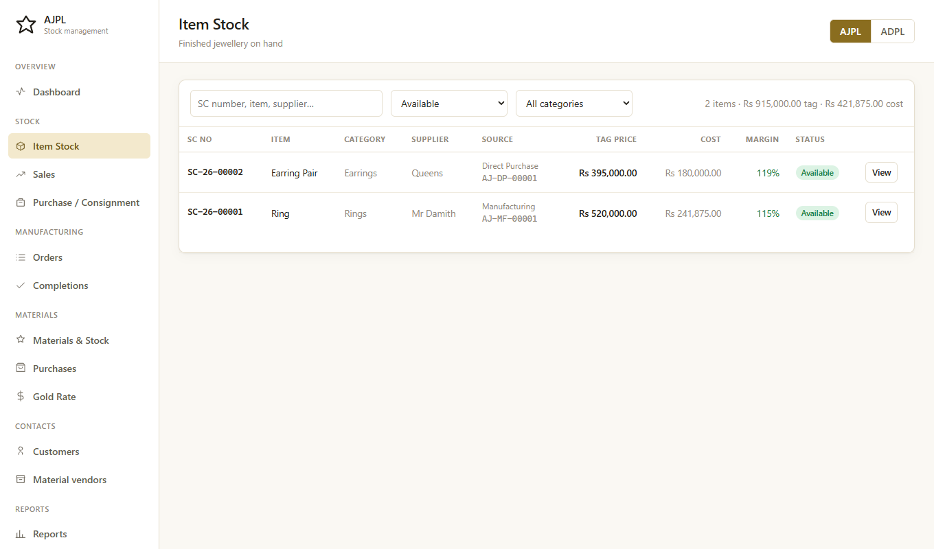 AJPL Stock item stock list with tag price, cost and margin per piece