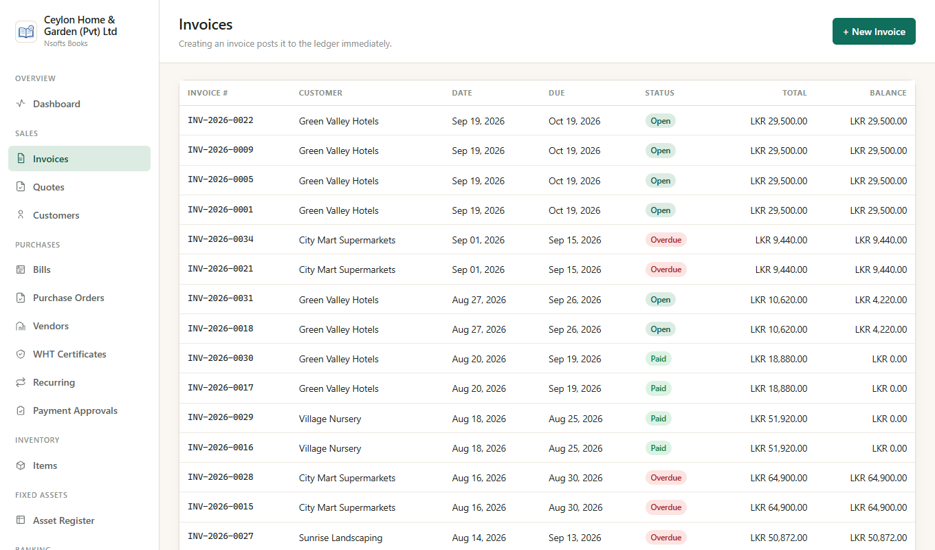 Nsofts Books invoice list — status, due dates and running balance