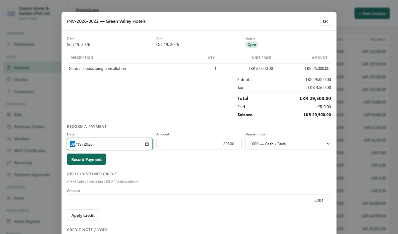 Nsofts Books invoice detail — tax breakdown, recording a payment and applying customer credit