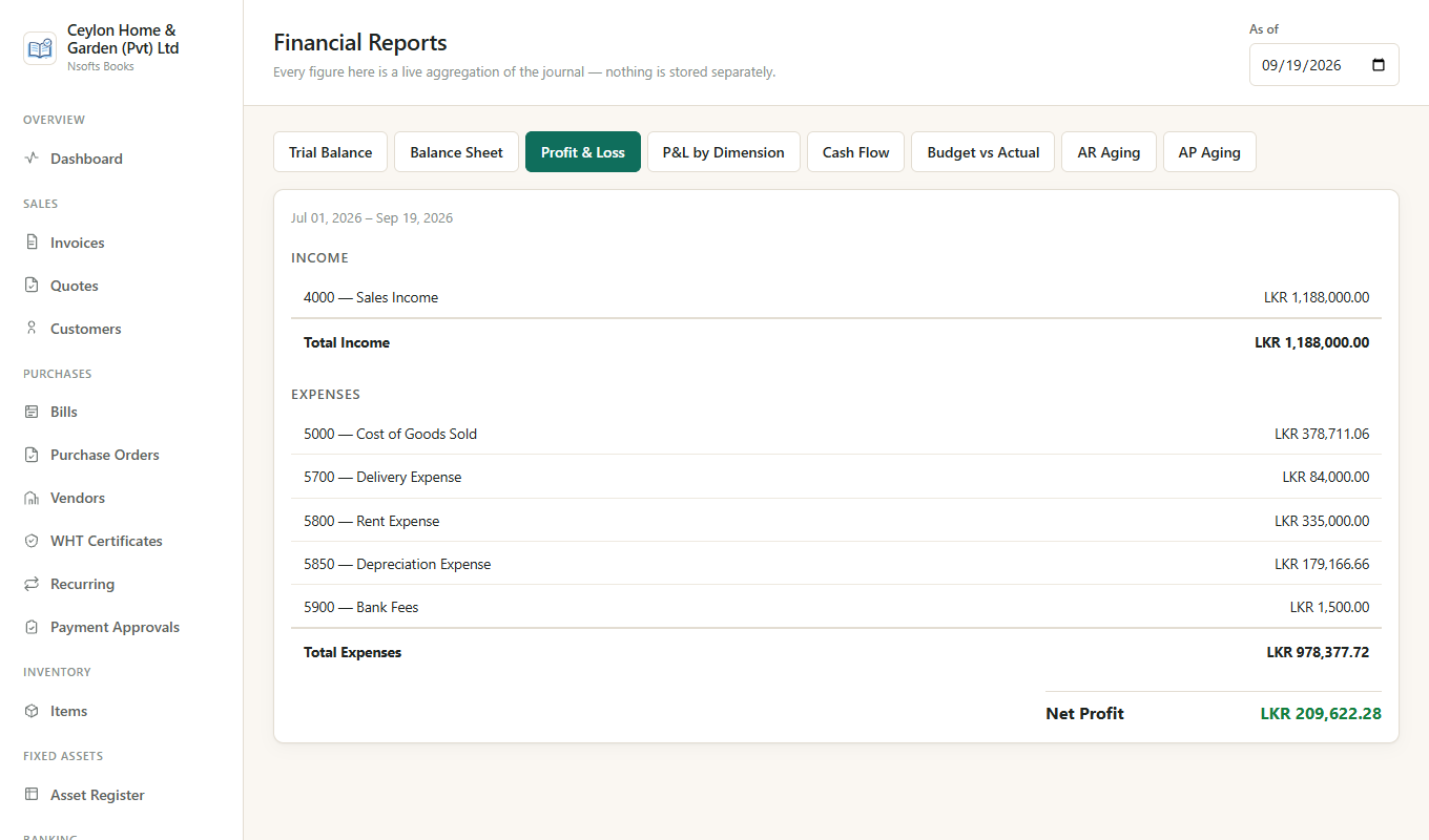 Nsofts Books Profit and Loss report
