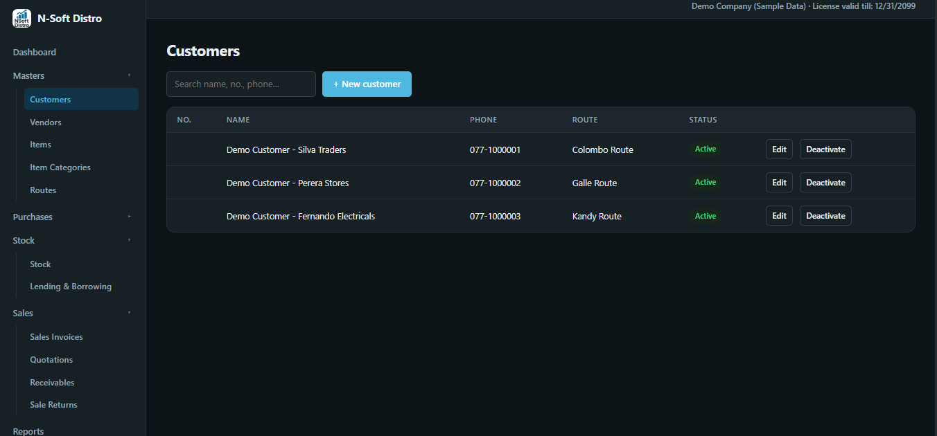 Nsoft Distro Cloud customers list with route and status