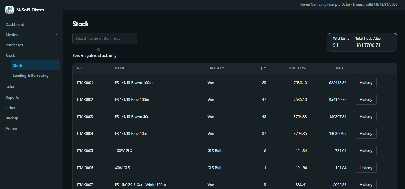 Nsoft Distro Cloud stock screen with live item quantities and valuation
