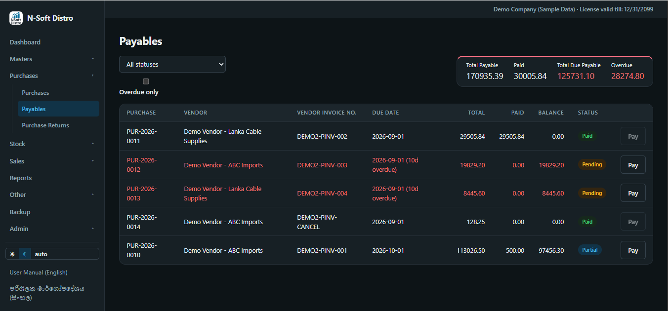 Nsoft Distro Cloud payables aging by vendor