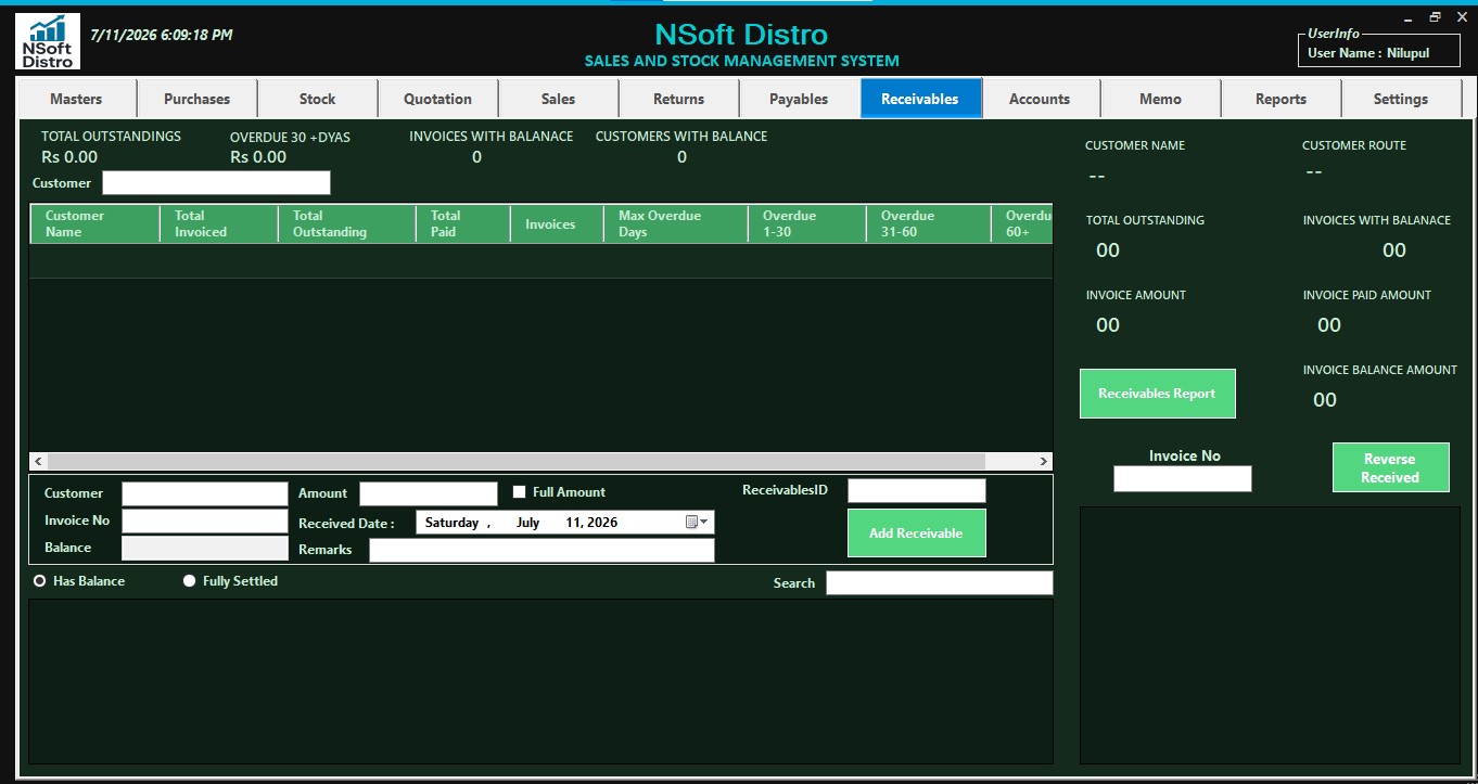 Nsoft Distro receivables screen