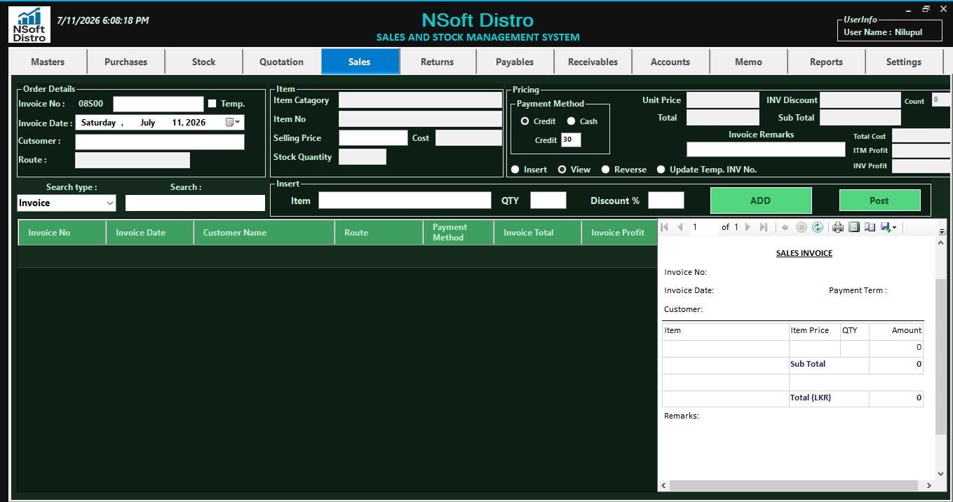 Nsoft Distro sales screen